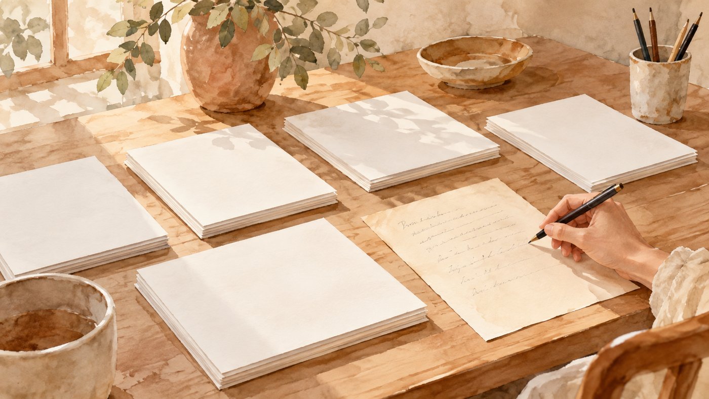 同じ形の白い紙が整然と並ぶ机の上に、一枚だけ手書きのメモが置かれている水彩画