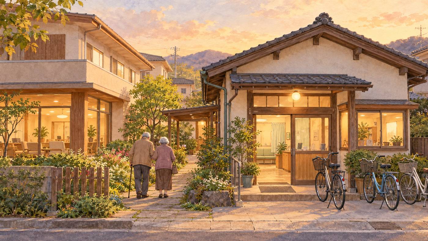 夕方の住宅街。自転車が並ぶ小さな接骨院と、その隣の施設のあいだの小道を、年配の二人が寄り添って歩いている水彩画