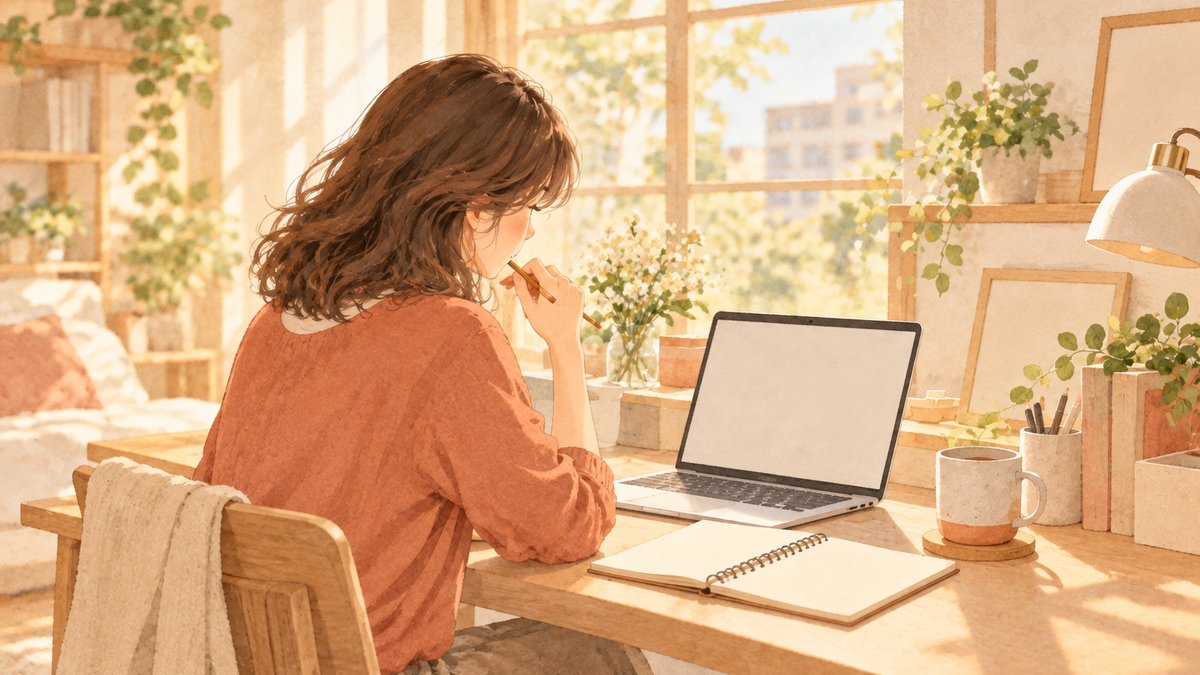机に向かい、案内の文章を考えている女性の水彩画
