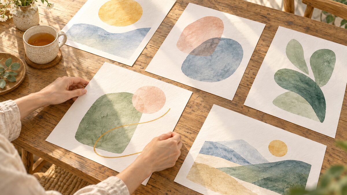 木のテーブルに、抽象的な色の形が描かれたA4の紙が5枚、それぞれ別々に並べられ、両手がそのうちの1枚を整えている水彩画
