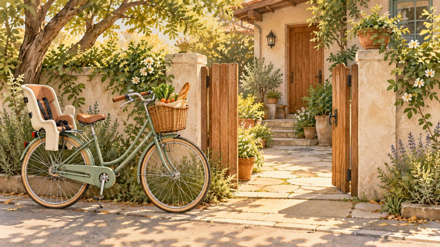 午後の早い時間、家の門の脇に、チャイルドシートつきの自転車が立てかけてある。やわらかな日差しが差し、かごには小さな買い物袋が入っている