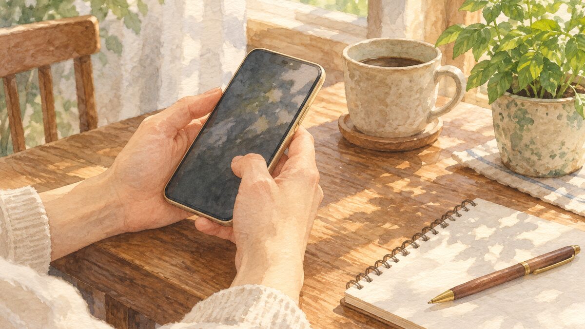 木のテーブルでスマホを持つ両手と、コーヒーカップ、ノートとペン、ハーブの鉢が並ぶ水彩画