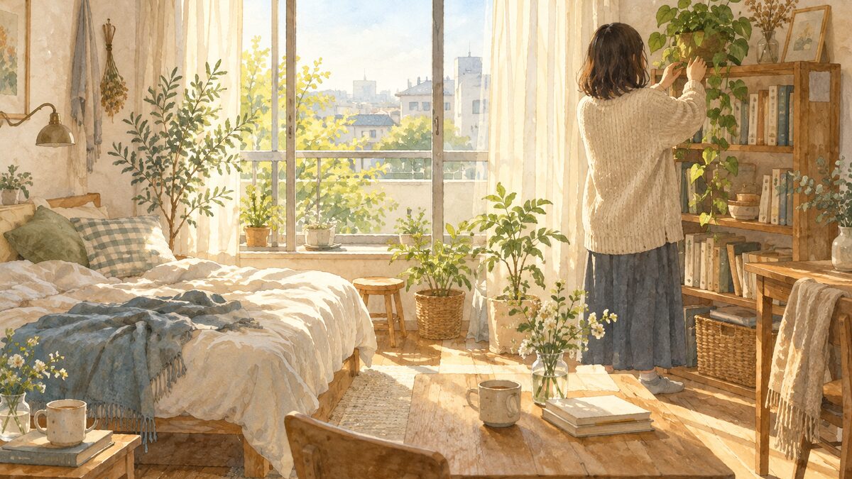 明るい窓辺の部屋で、カーディガン姿の人が後ろ向きに本棚の植物を整えている水彩画