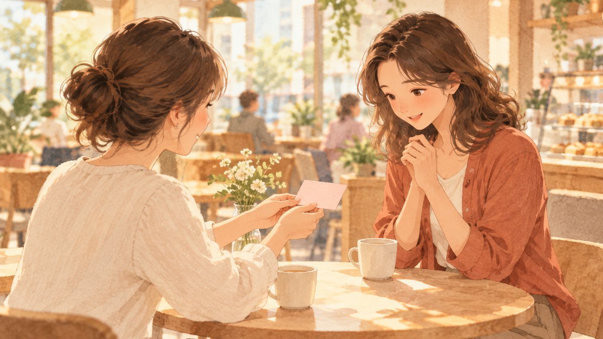 明るいカフェの小さな丸いテーブルで、女性が向かいの女性にピンク色の名刺を両手で差し出している水彩画。受け取る女性は名刺を見て笑顔になっている