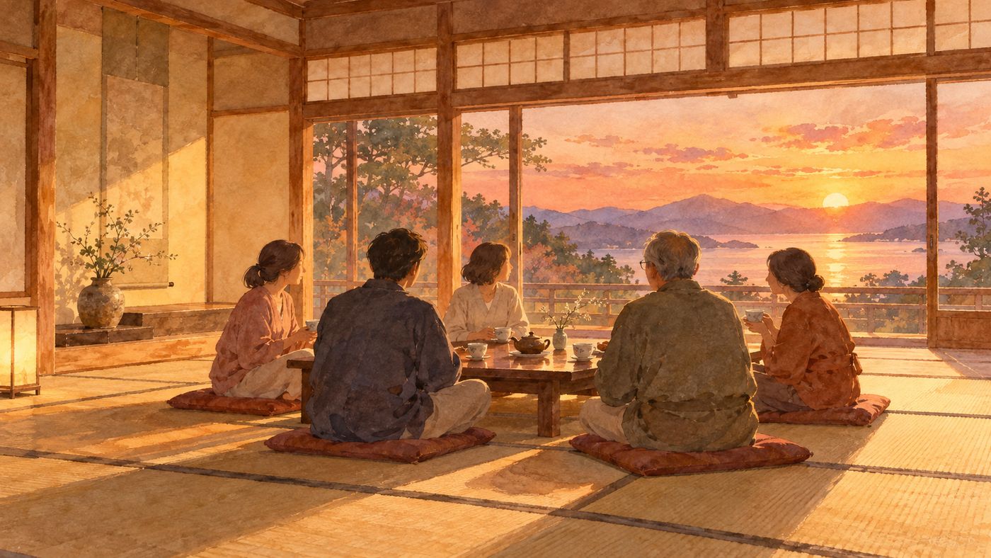 夕方の光が入る広い部屋で、座卓を囲んだ数人が、湯のみを前に静かに話をしている水彩画