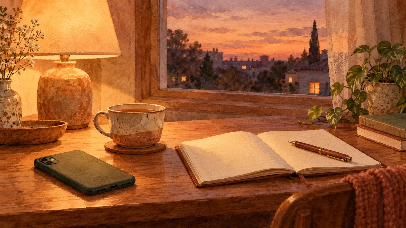 夕方の木の机に、画面を伏せたスマートフォン、お茶、開いたノートとペンが置かれている。窓の外はやわらかな夕暮れの光