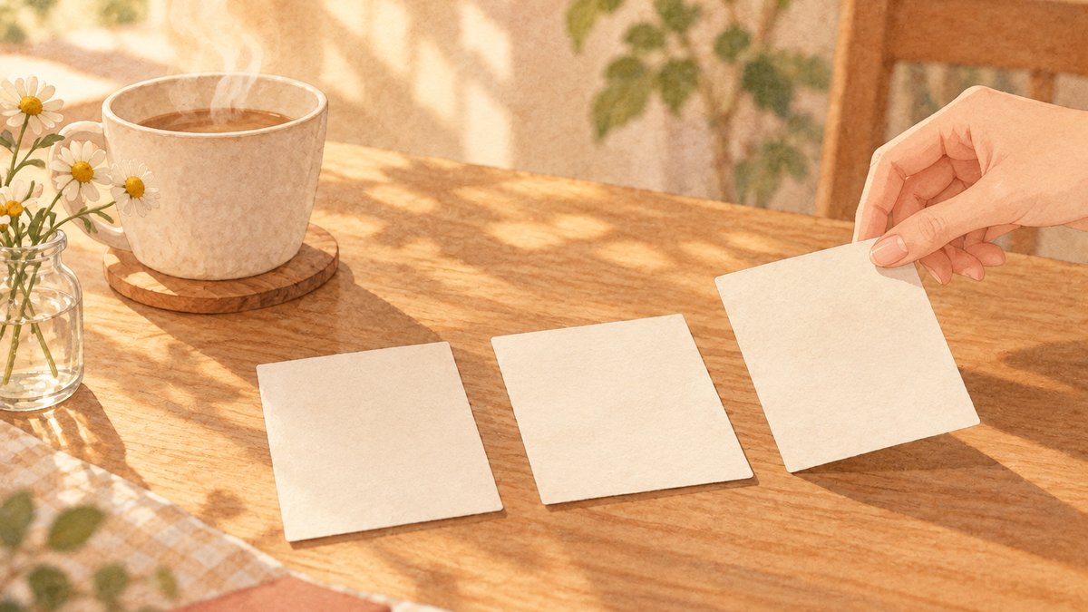 木のテーブルの上に無地の小さなカードが3枚並んでいて、手の指が1枚をそっとつまんで持ち上げている水彩画。横に湯気の立つカップと小さな花