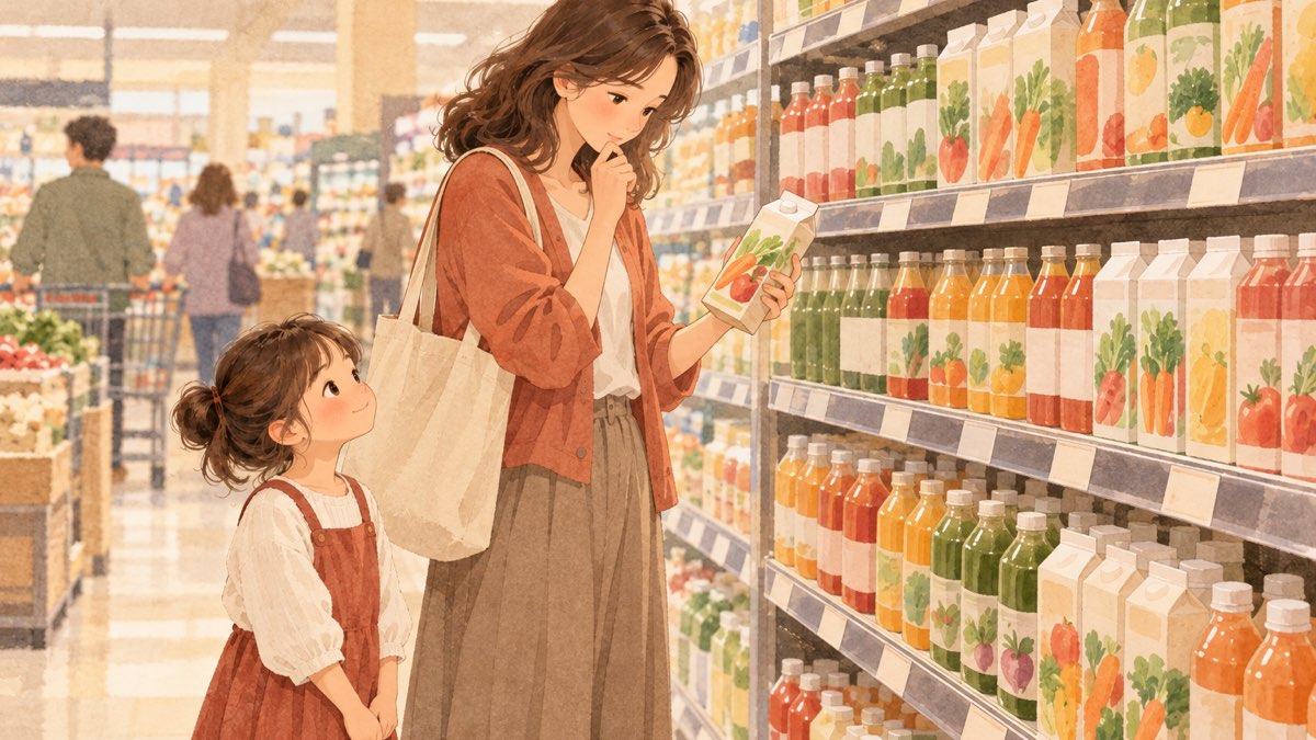 ふつうのスーパーの棚の前で、野菜ジュースのパックを手に取り、値札を見て考え込んでいる女性と、横で見上げる子ども。水彩画