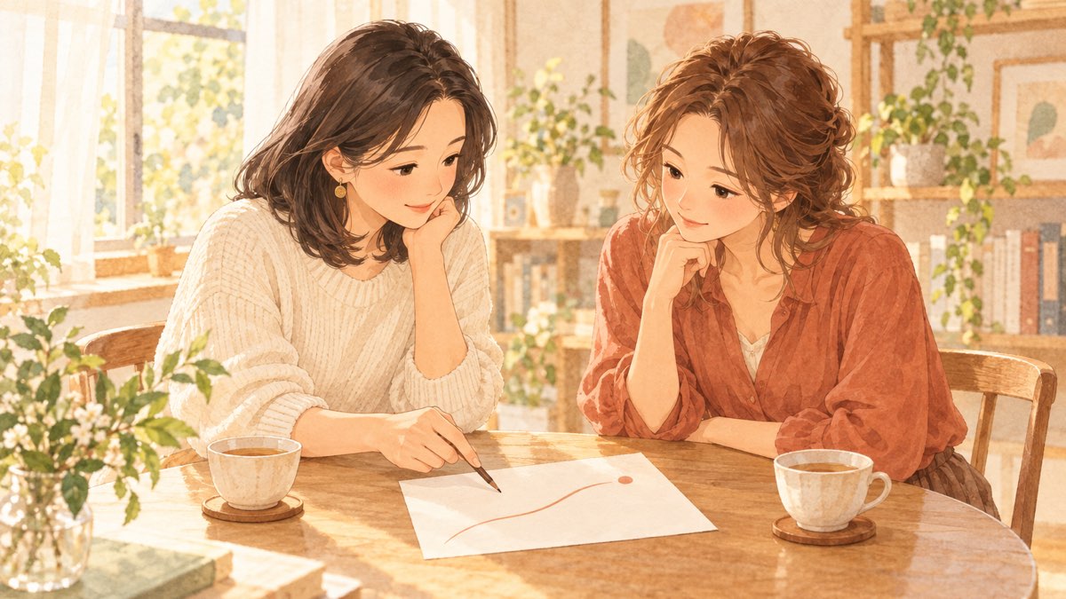 明るい部屋の丸いテーブルで、向かい合わずに並んで座った2人の女性が、1枚の紙を一緒にのぞき込んでいる。1人が鉛筆で紙の上を指している水彩画