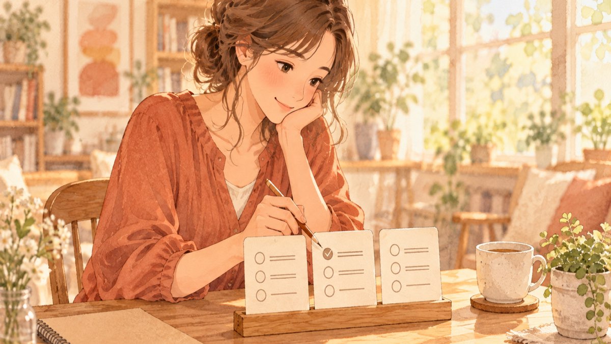 窓辺の光が入るテーブルの上に、質問カードが3枚並んでいる。女性が鉛筆で、1枚のカードの丸にチェックを入れて微笑んでいる水彩画