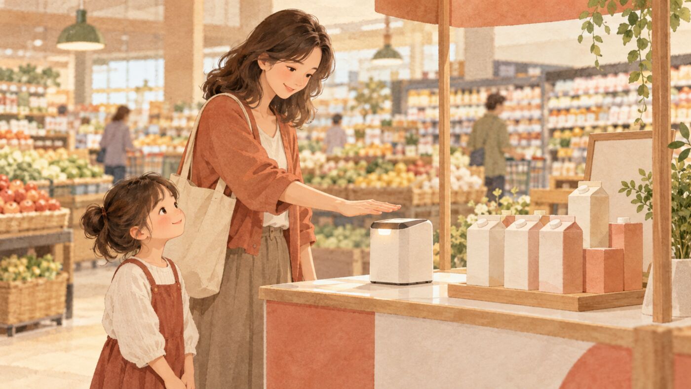 スーパーの店頭の小さなブースで、手のひらを機器にかざしている女性と、横で見ている子ども。水彩画