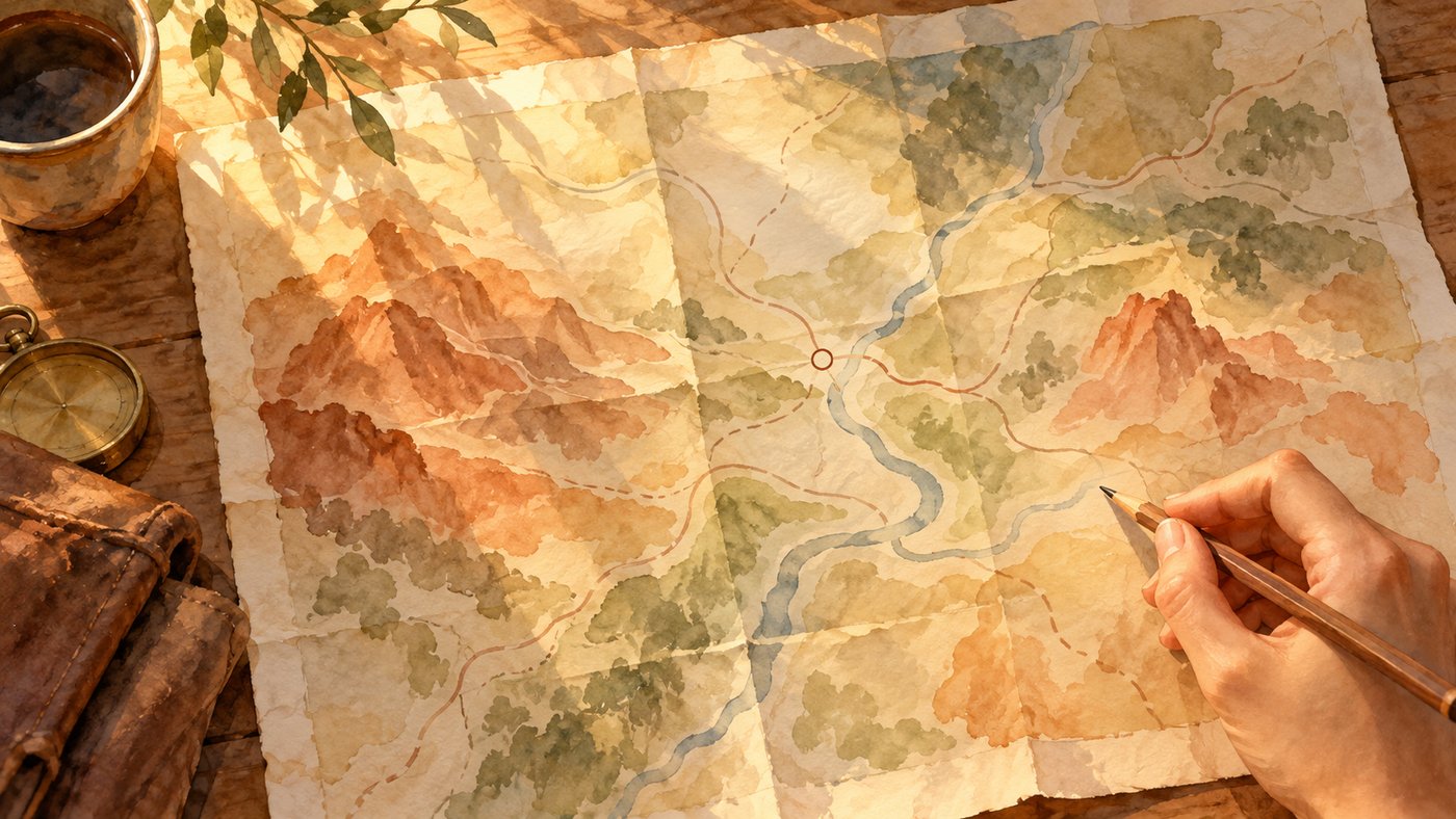 地図の上に鉛筆で小さな印を付けようとしている手の水彩画