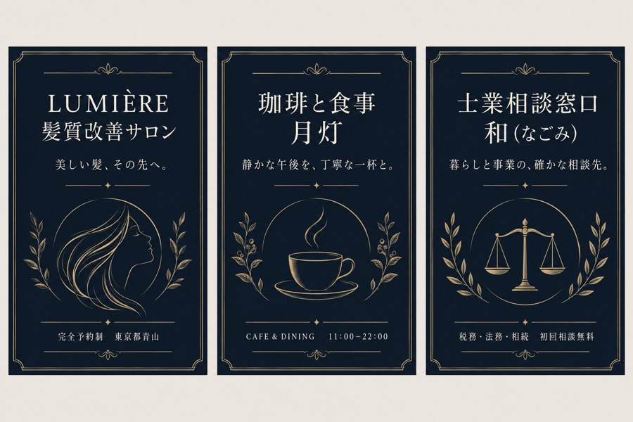 業種の異なる3枚のチラシ案が、すべて似た紺色×ゴールドの配色になっている比較画像