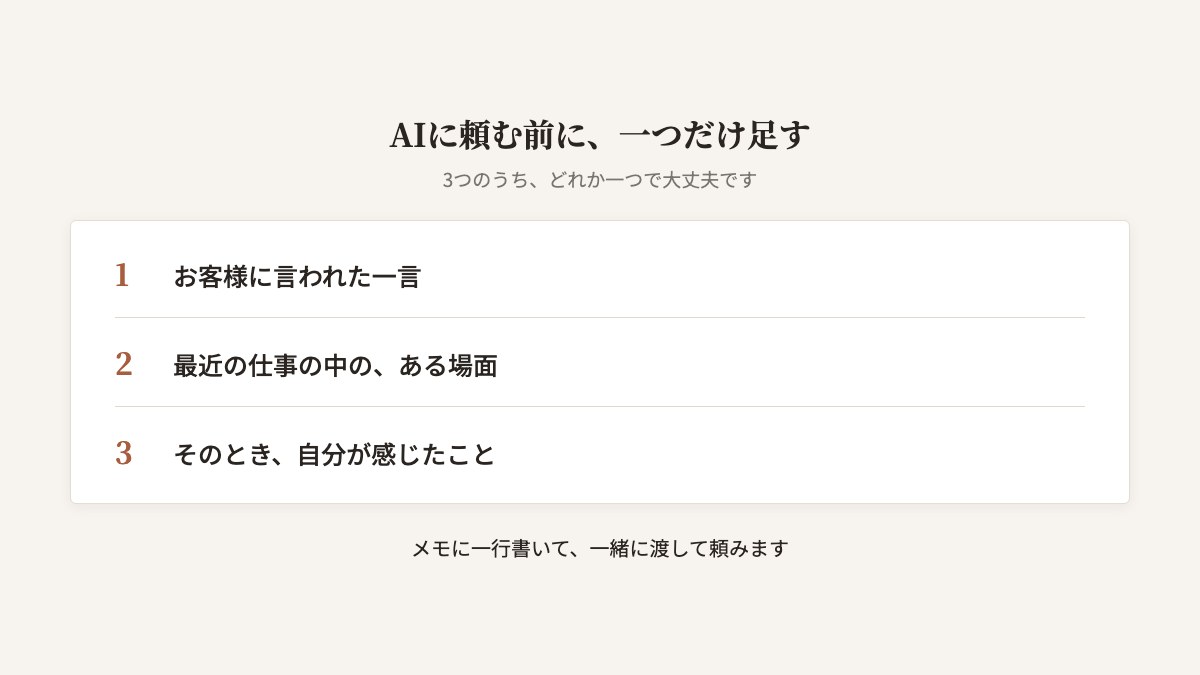 AIに頼む前に足す材料の図。お客様に言われた一言。最近の仕事の場面。そのとき自分が感じたこと。この3つのうち、一つだけ書き足してから文章を頼む