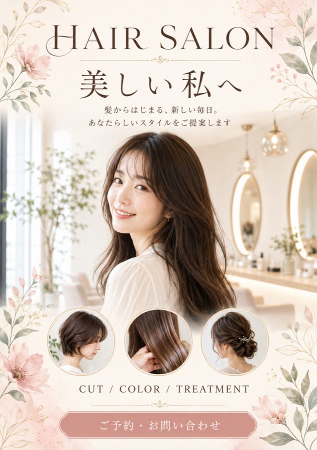 美容室のチラシA。花柄の装飾とモデルの写真が中心で、価格や実績の記載はない